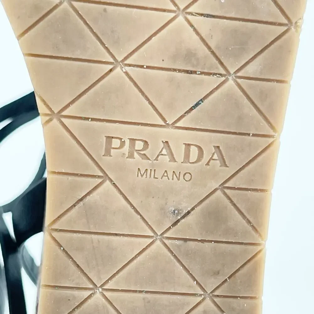 Prada Black Raffia Crochet Logo Cork Platform Lace Up Ankle Tie Sandals IT 41